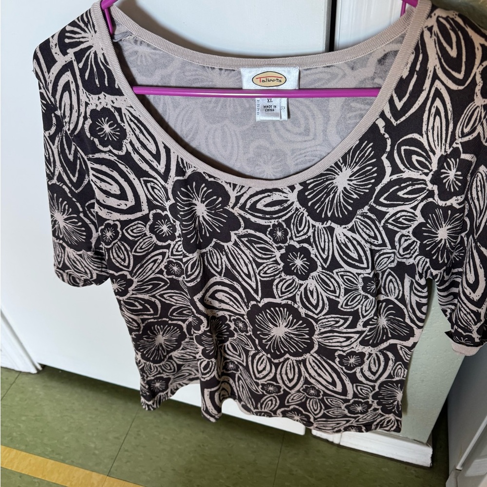 Talbots Brown and Cream Floral Short Sleeve Top